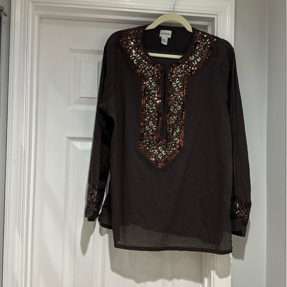 Brown sequin semi sheer tunic- 100% cotton by Chico’s